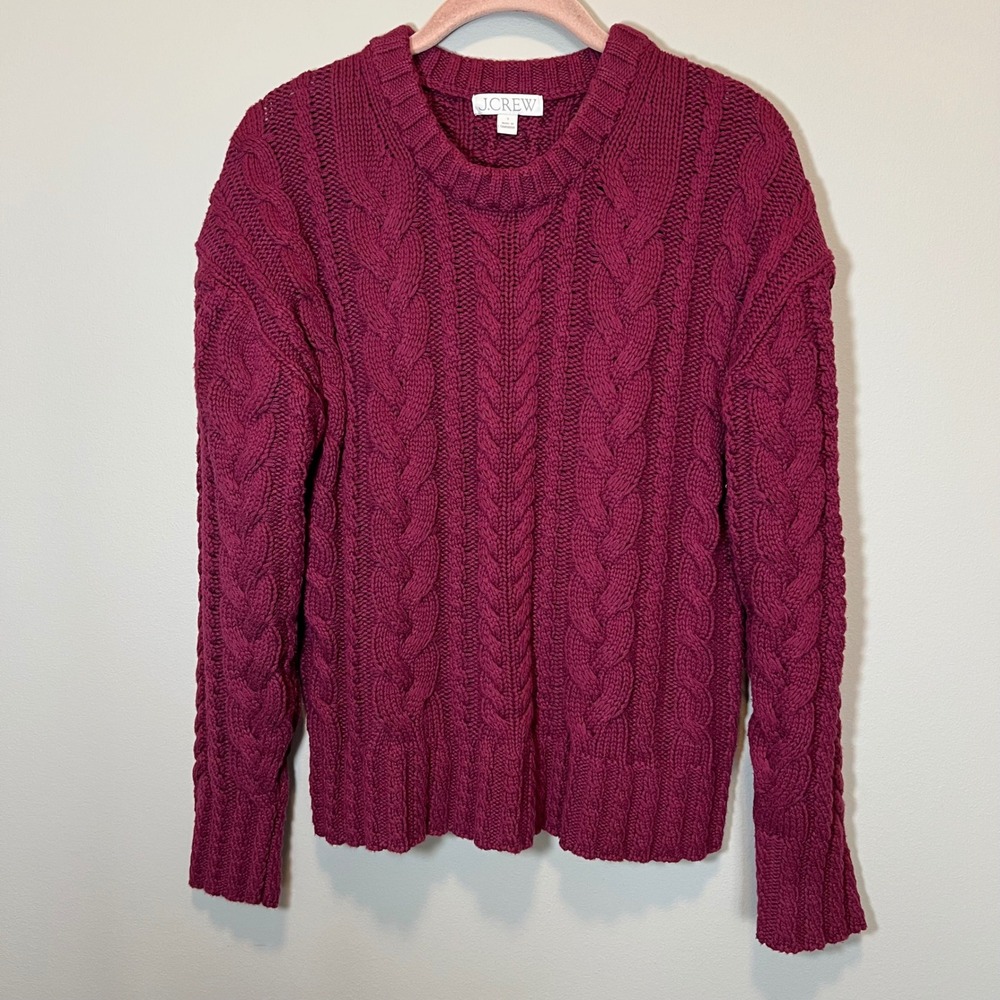 J. Crew Women's Magenta Cable Knit Cotton Crewneck Sweater Berry Pink Small
